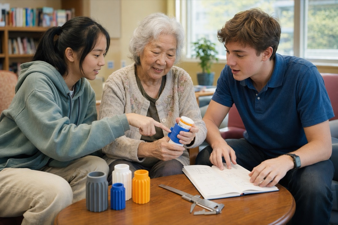 Two teen students helping a senior use a 3D-printed adaptive grip they designed and printed for her, in a senior center common room.